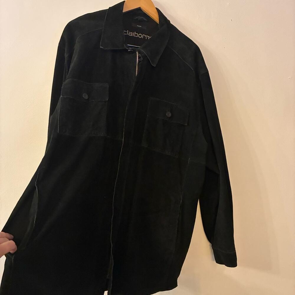 Vintage 90s Claiborne Black Suede Leather Chore Jacket Zip Front Oversized XL - Picture 3 of 12